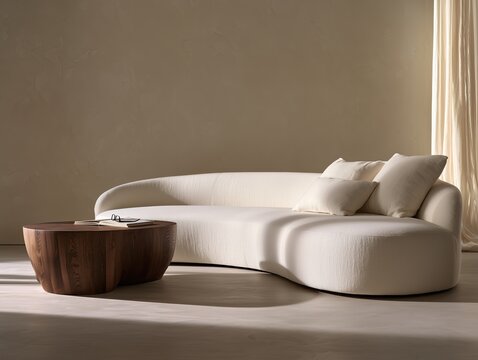 Curved white boucle sofa with sculptural wood coffee table in minimalist living room