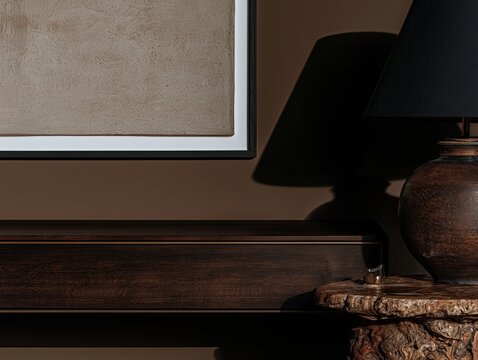 Dark wood sideboard with ceramic lamp and sculptural table in moody luxury interior