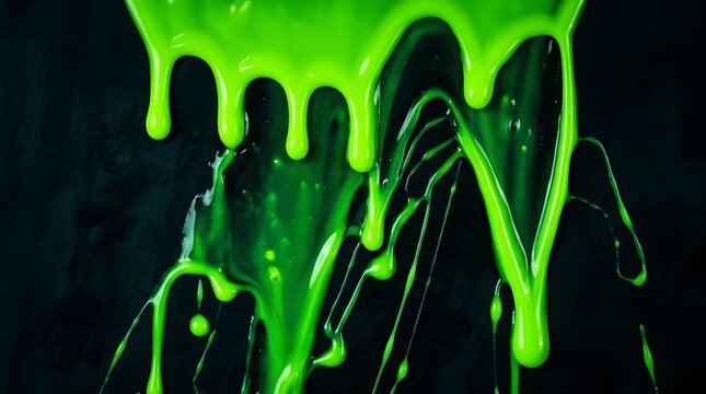 Bright neon green liquid slime dripping down against a dark black background