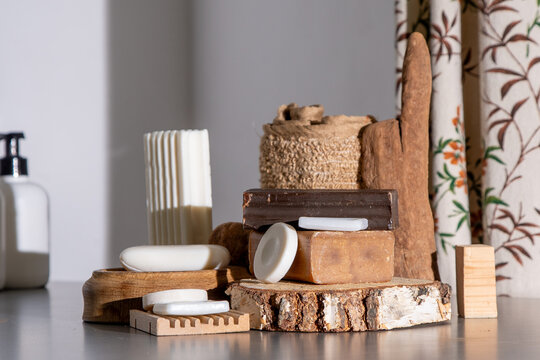 Natural Soap Bars Collection and Eco Decor. Assortment of Soaps and Loofah