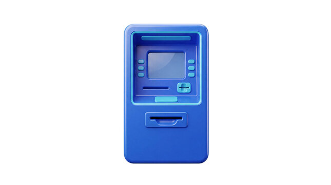 Blue 3d rendered atm machine with screen and card png solated on transparent background