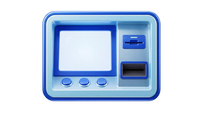 Blue and light blue 3d atm machine with screen and png solated on transparent background