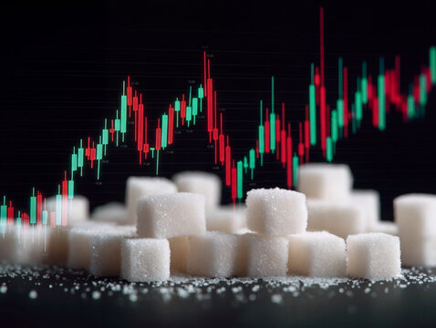 White sugar cubes with candlestick commodity chart. Price of staple product concept. Generative AI