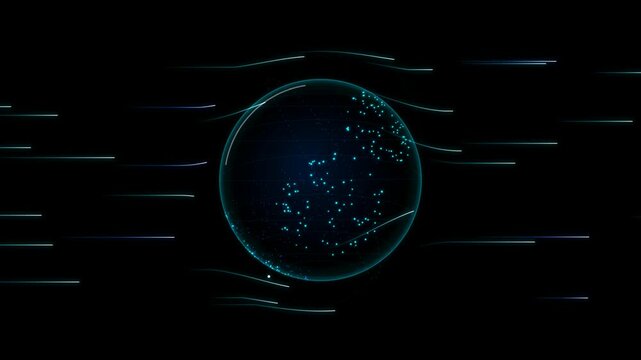 Futuristic rotating digital hologram globe with glowing blue network connection lines on black