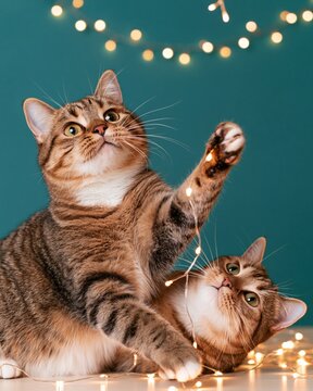 Two tabby cats playing with string of warm fairy lights against teal background