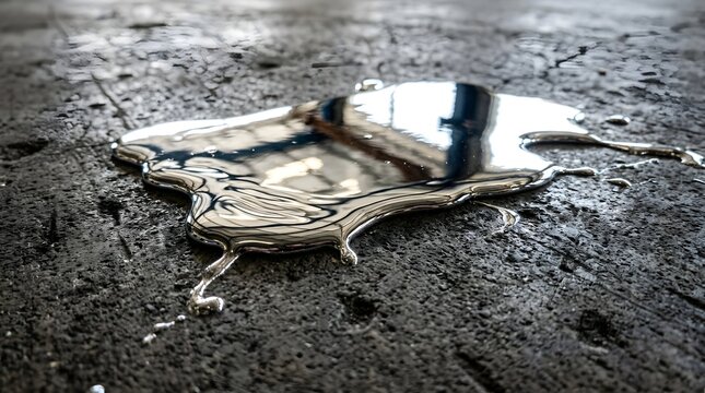 Liquid mercury spill forming a reflective puddle on a dark concrete floor