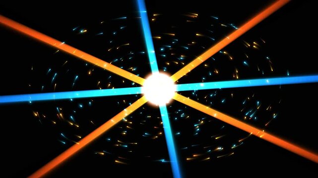 Glowing orange and blue laser beams radiating from central light with swirling particle vortex