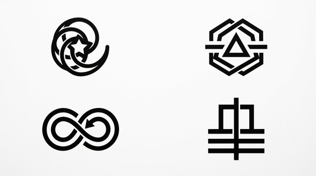 Abstract geometric black icons and logo set isolated on white background