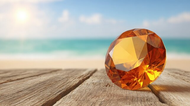 Golden Sunstone Gemstone With Golden Aventurescence Displayed on a Wooden Surface Near the Ocean