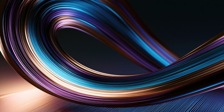 Abstract metallic ribbon curves with reflective surface against dark background