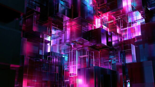 Abstract, glowing geometric shapes in a vibrant, futuristic digital environment