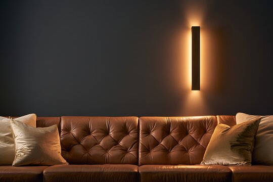 Modern minimalist interior design featuring a luxurious brown tufted leather sofa against a dark charcoal wall with a sleek vertical warm wall sconce light