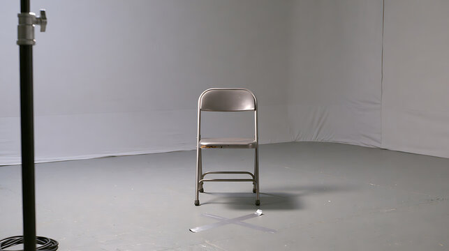 A single metal folding chair sits in the center of a minimal empty photo studio with professional lighting equipment on a grey floor space