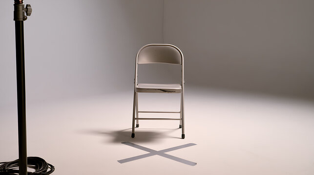 A single metal folding chair stands in the center of a bright professional photo studio set with light stand and cable visible on side