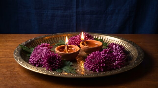 Diwali Diyas and Flowers on Decorative Plate