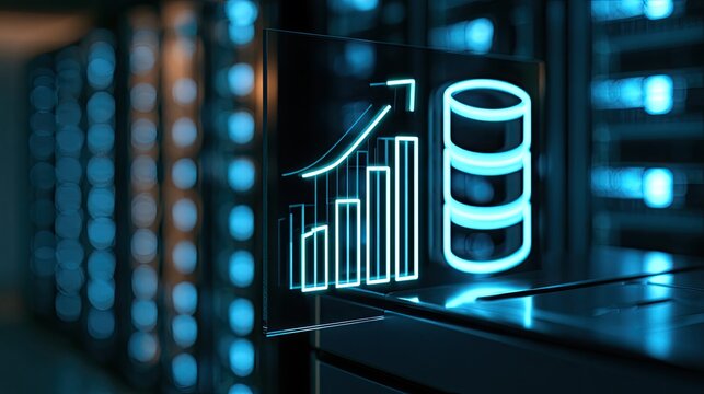 Digital data growth visualized with abstract charts on a server rack background