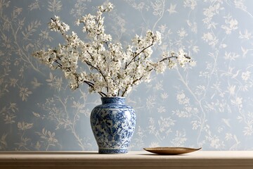 Fototapeta premium Elegant blue and white porcelain vase filled with white cherry blossoms on a mantle against a delicate floral hummingbird patterned wallpaper background