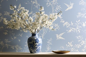 Fototapeta premium A beautiful blue and white ceramic vase with white spring blossoms placed on a mantle in front of a soft blue wallpaper with hummingbird illustrations