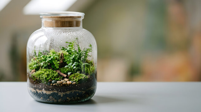 Small glass terrarium with lush green plants, moss, and stones inside a clear jar with a cork lid, indoor home decor photography, botanical ecosystem in a bottle, sustainable life, copy space.