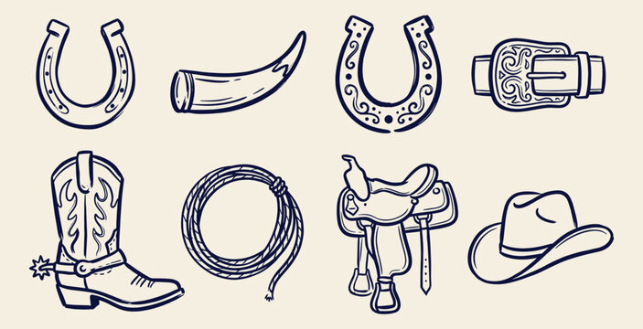 Set of hand drawn blue outline western and cowboy icons isolated on background