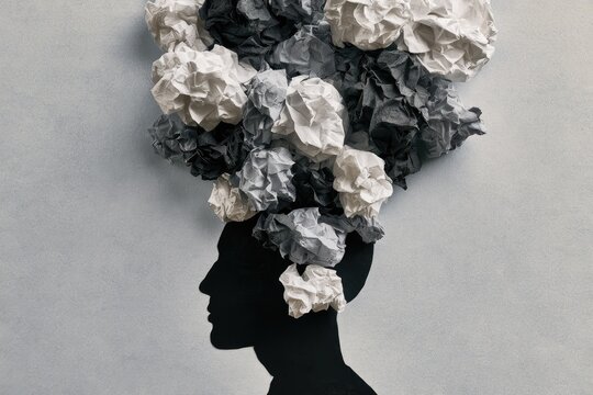 Silhouette of a head with crumpled paper clouds of thought erupting upward