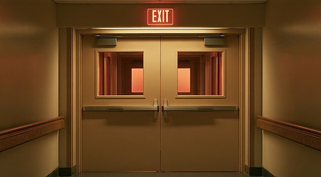 Endless hallway with doors, reflecting interior spaces receding into the distance