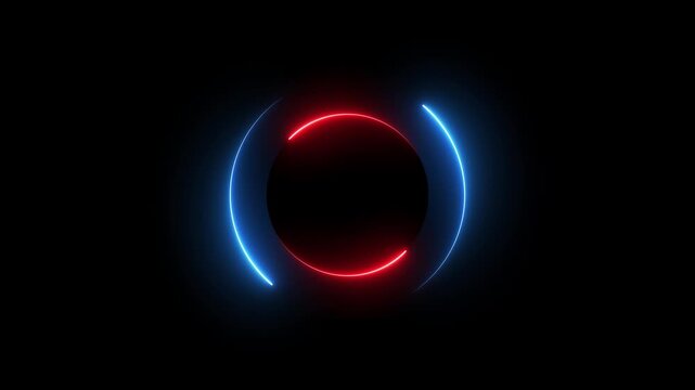 Glowing neon red and blue color circle frame with loading bar icon animation eclipse rotation circular processing reset refresh uploading icon on black background	