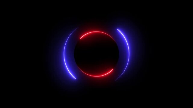 Glowing neon red and blue color circle frame with loading bar icon animation eclipse rotation circular processing reset refresh uploading icon on black background	