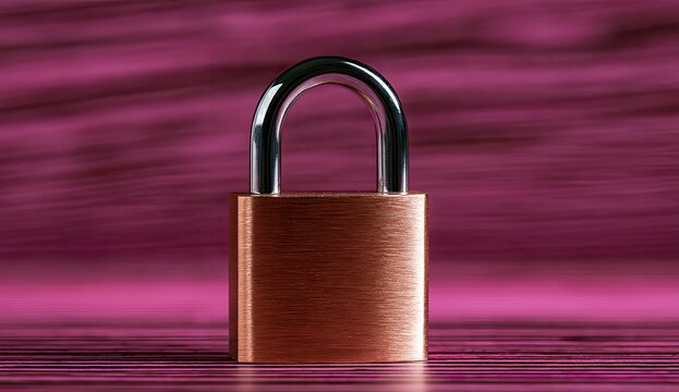 A metallic padlock stands centered on a vibrant, textured pink surface