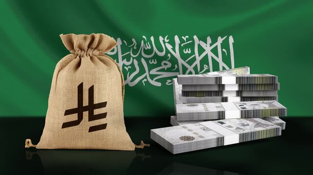 4K Saudi Riyal Falling on Ground with Waving Saudi Flag - 3D Animation