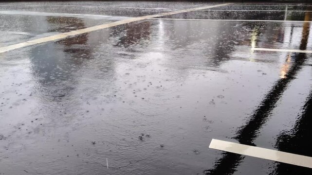 アスファルトに打ちつける雨粒のスローモーション