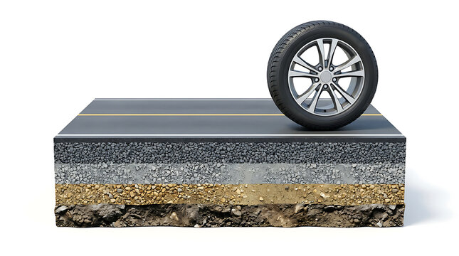 Cross Section of Asphalt Road Construction Layers with Car Tire on Top