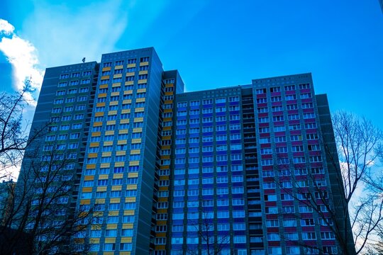Tall apartment buildings with colorful window details