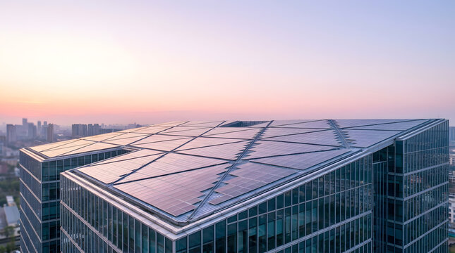 Modern solar panels installed on a contemporary skyscraper rooftop at sunrise, representing renewable energy, sustainable urban architecture, green building technology, and clean power generation solu