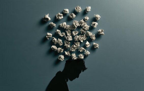 Crumpled thoughts escaping a shadowed figure's head against a teal background