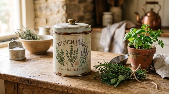 Vintage, slightly weathered tin container with a rustic design, sitting on a wooden kitchen counter next to some herbs, warm natural lighting, photorealistic style
