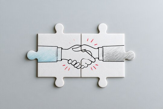 Two puzzle pieces joined by a drawing of shaking hands
