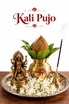 Kali Pujo photo with goddess statue, coconut kalash, jasmine flowers, and incense stick on silver tray for festival celebration hindu