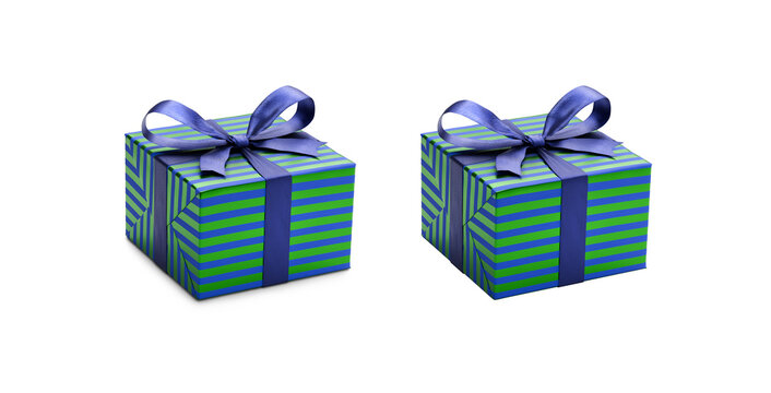 Two blue and green striped gift wrapped presents with blue ribbon bows, one with a shadow, one without isolated against a transparent background.