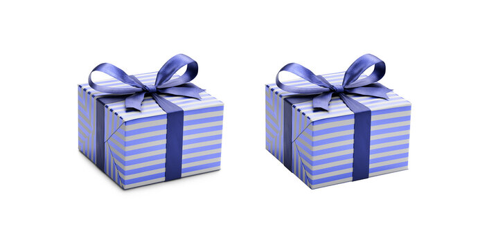 Two blue and white striped gift wrapped presents with navy blue ribbon bows, one with a shadow, one without isolated against a transparent background.