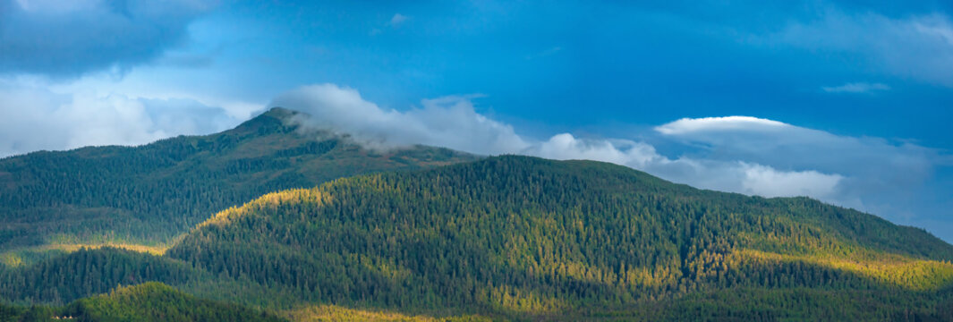 Scenic view of the mountains and temperate forests within the Tongass National Forest, Ketchikan, Alaska