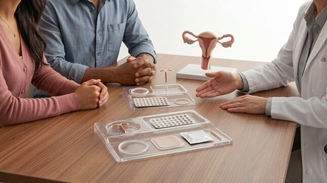 Doctor explaining contraception methods to couple during consultation. Medical office table with birth control pills, intrauterine device, condom and uterine model.