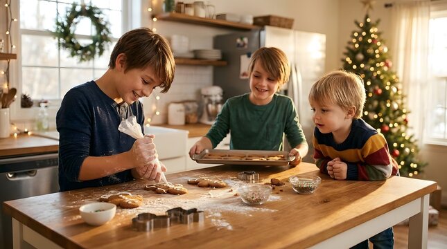 Three joyful young brothers collaboratively baking and decorating delicious Christmas cookies with frosting in a cozy, brightly lit kitchen during the festive holiday season