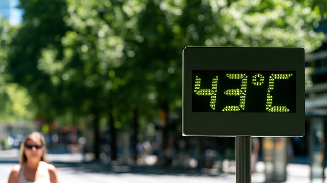 Digital street sign displaying high temperature of forty three degrees celsius during summer heat wave in city with blurry pedestrian background
