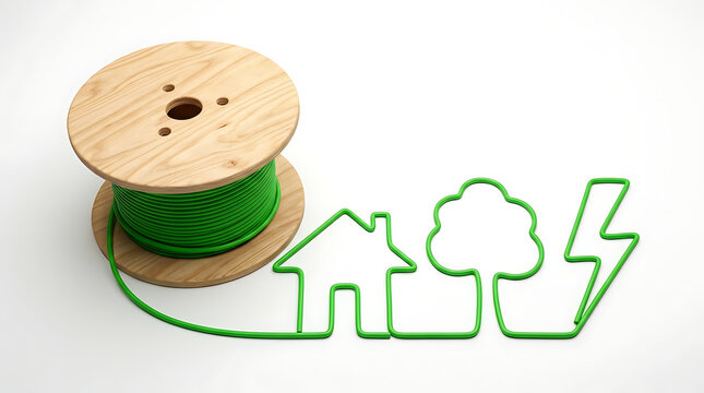 Green Electric Cable On Spool Forming House Tree And Lightning Energy Concept