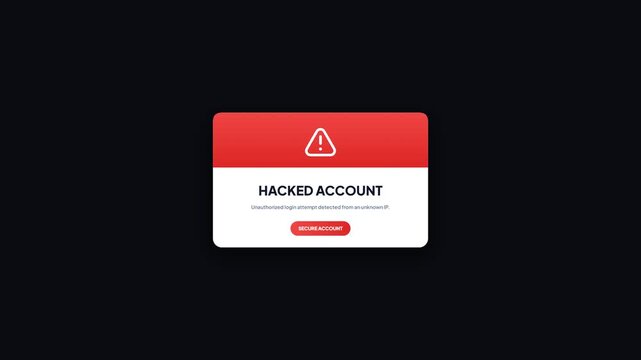 User authentication failed animation. Dark mode login error alert. Cybersecurity breach access warning. Hacked account alert popup. Dark UI element. Modern login window. Security software concept. 4k