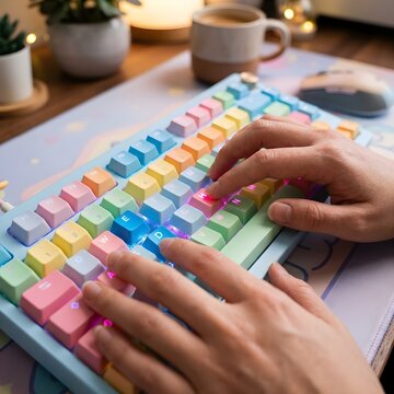 Top-down close-up shot, micro-perspective centered on hands typing on a mechanical keyboard real picture