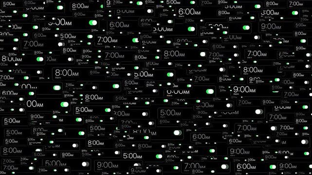 Multiple digital alarm panels with morning times switch on and off against a black background. Animated green and gray toggles illustrate wake-up routines, reminders and time management.