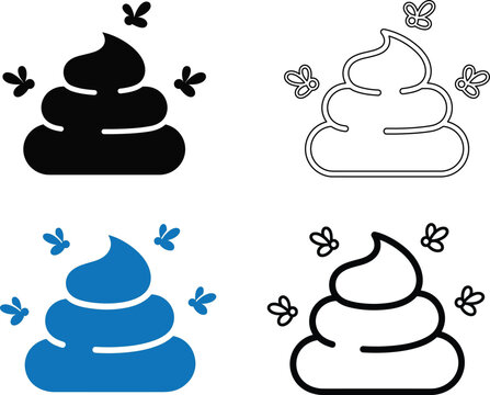 Set of poop icons with flies