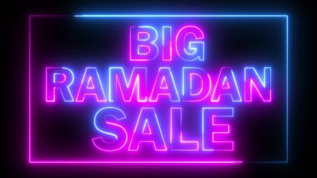 glowing neon pink and blue color BIG RAMADAN SALE  text icon animation poster template signboard alphabet font letter word banner sign symbol seamless light cyber effect footage on black background